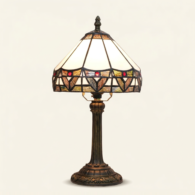 Romana 8 Inch Tiffany-style stained glass table lamp, Straight Pole base, lit, on a plain ivory studio background