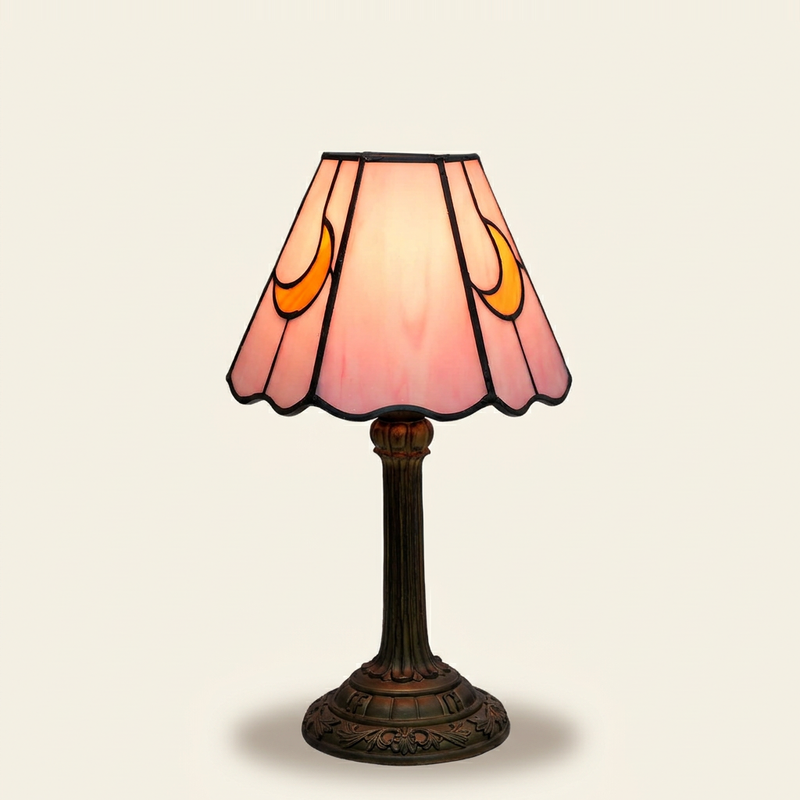 Rosalune 7 Inch Tiffany-style stained glass table lamp, lit, on a plain ivory studio background