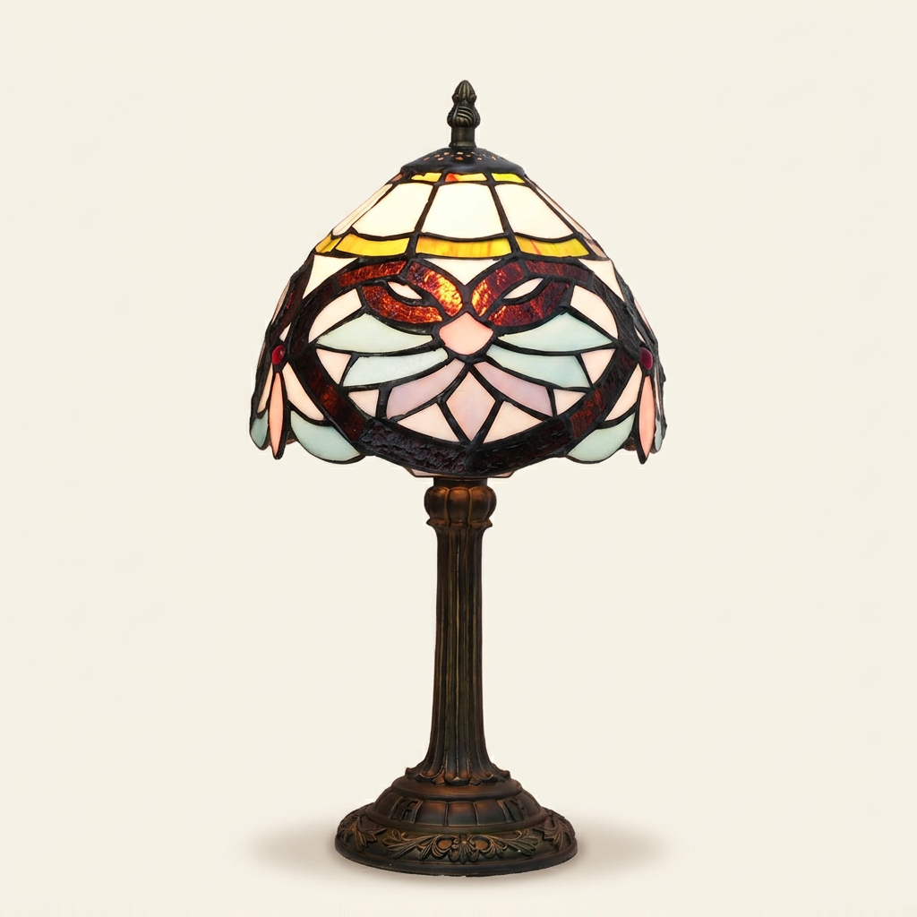 Ansley 8 Inch Tiffany-style stained glass table lamp, Straight Pole base, lit, on a plain ivory studio background