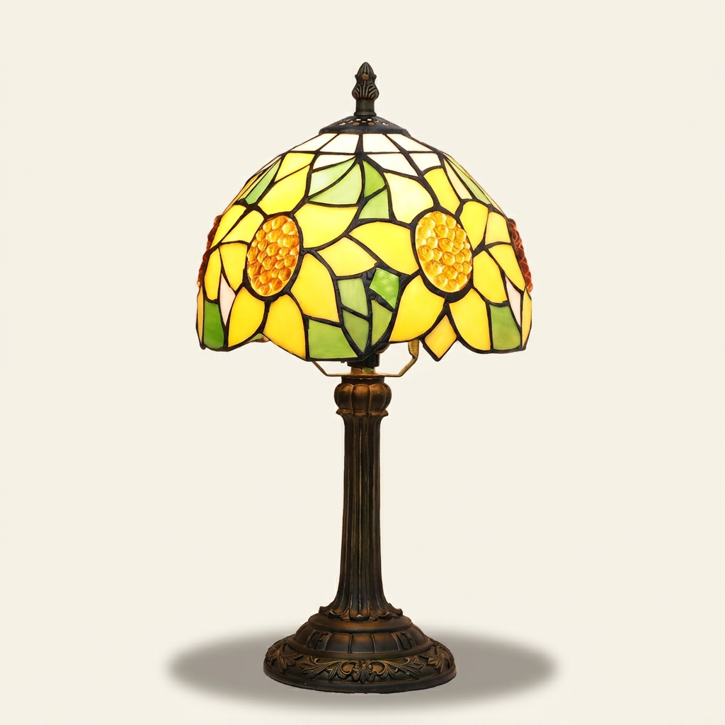 Auriel 8 Inch Tiffany-style stained glass table lamp, lit, on a plain ivory studio background