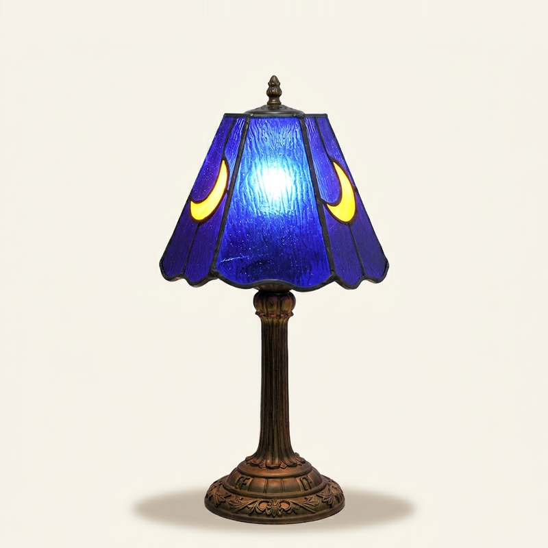 Selene 7 Inch Tiffany-style stained glass table lamp, lit, on a plain ivory studio background