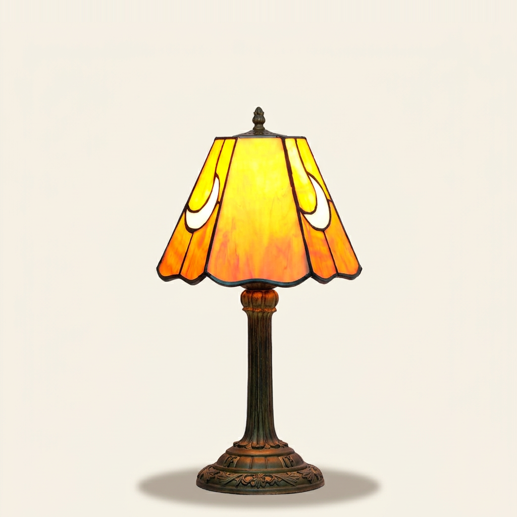Aurelune 7 Inch Tiffany-style stained glass table lamp, lit, on a plain ivory studio background