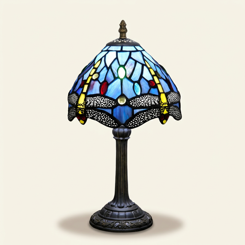 Sereine 8 Inch Tiffany-style stained glass table lamp, lit, on a plain ivory studio background