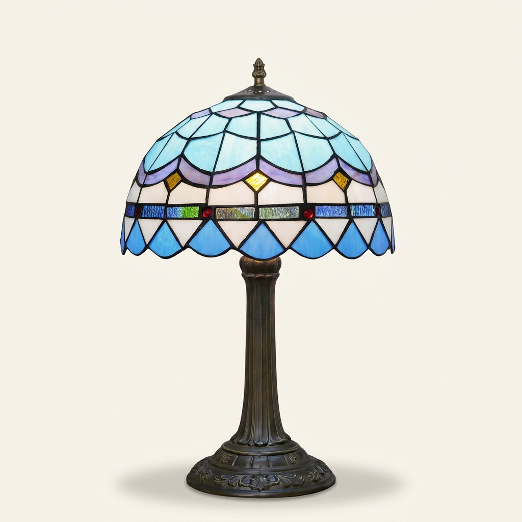 Marbella 12 Inch Tiffany-style stained glass table lamp, lit, on a plain ivory studio background