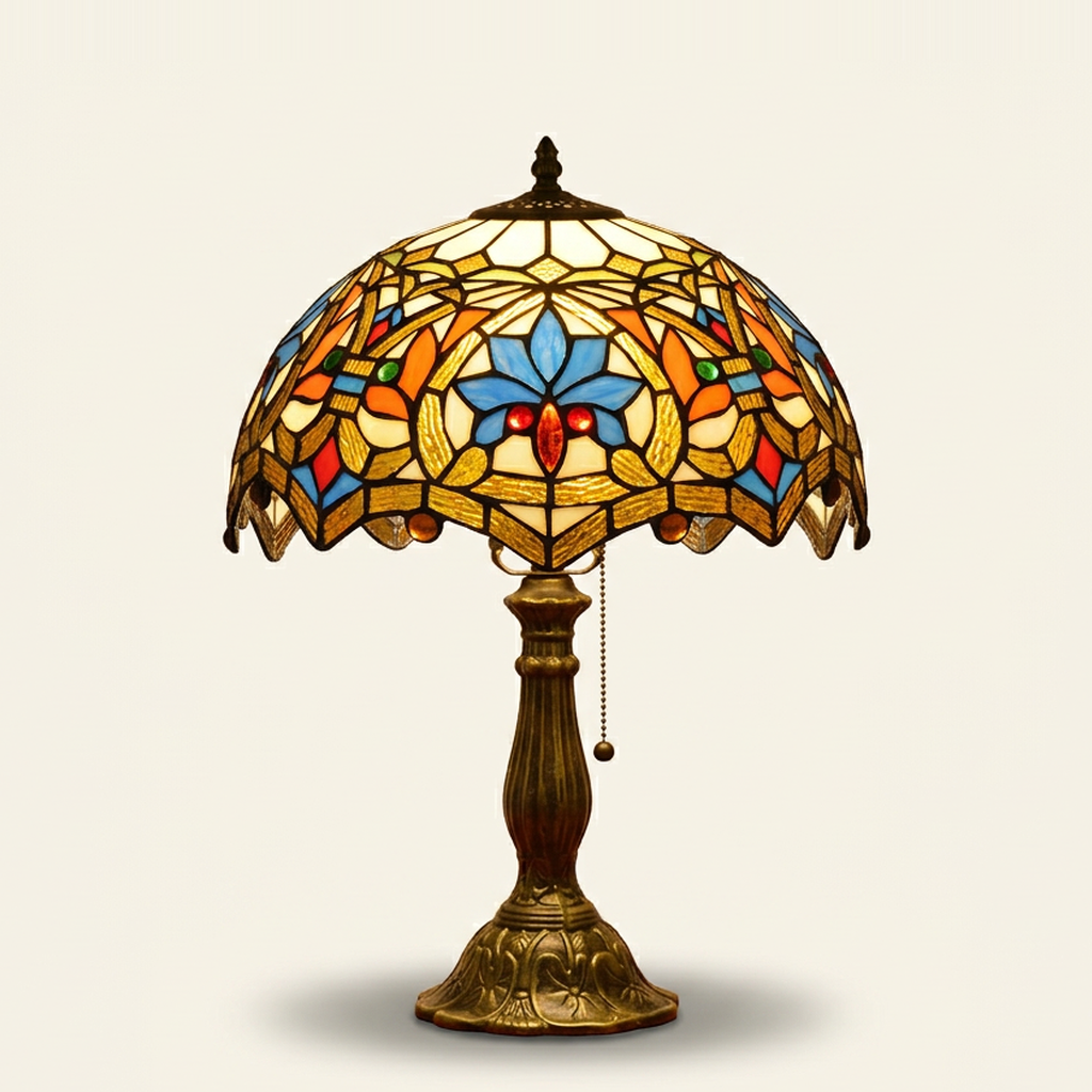 Seraphina 12 Inch Tiffany-style stained glass table lamp, lit, on a plain ivory studio background