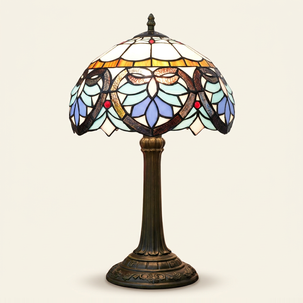 Amoria 12 Inch Tiffany-style stained glass table lamp, Straight Pole base, lit, on a plain ivory studio background
