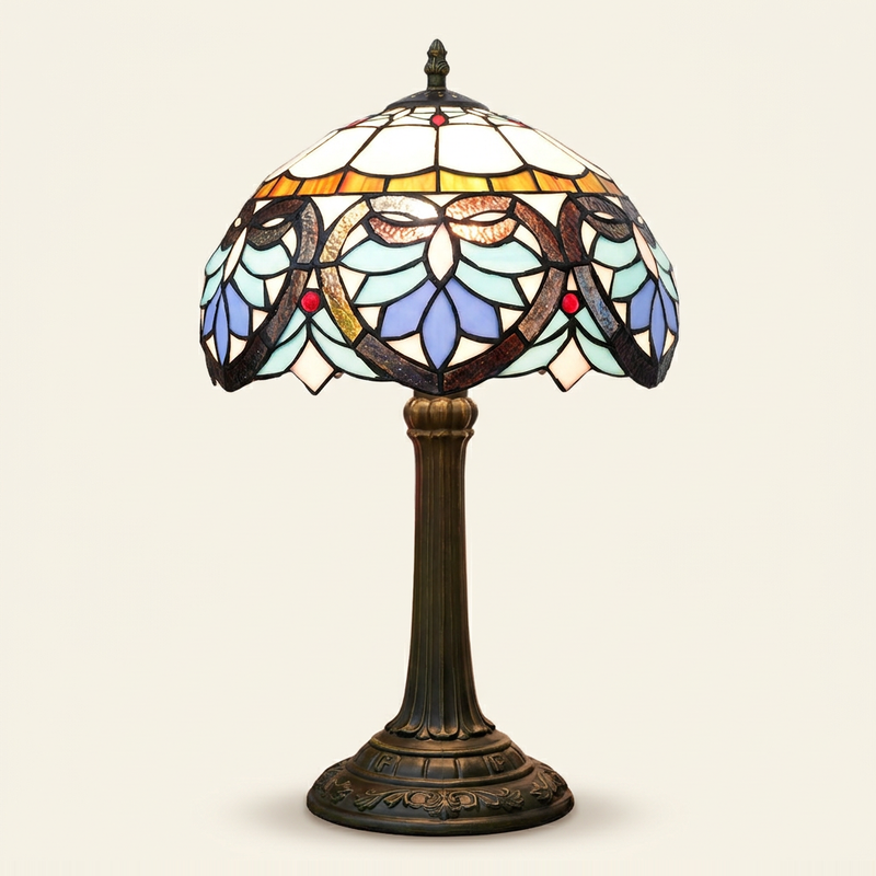Amoria 12 Inch Tiffany-style stained glass table lamp, Straight Pole base, lit, on a plain ivory studio background