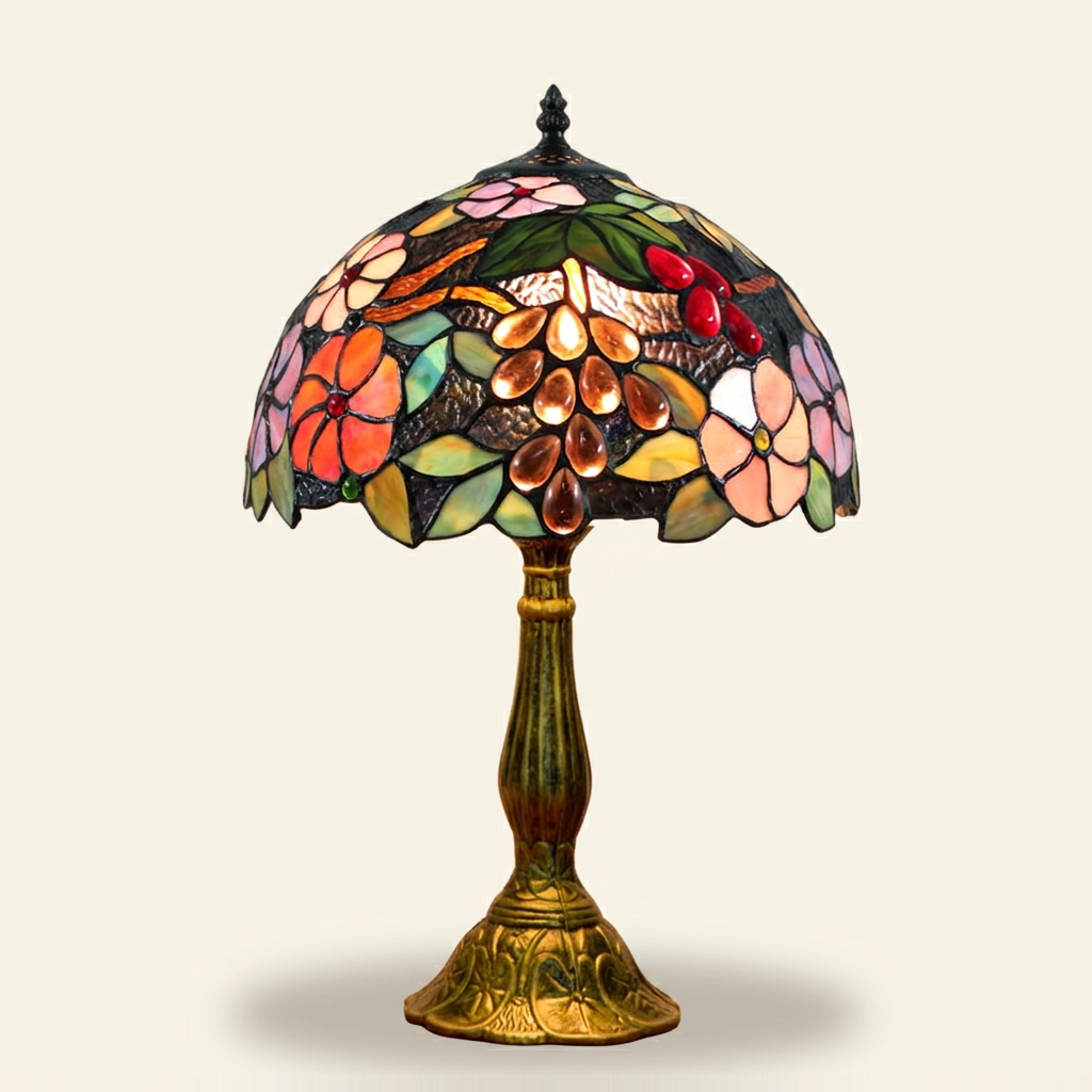 Vinelle 12 Inch Tiffany-style stained glass table lamp, Curved Pole base, lit, on a plain ivory studio background