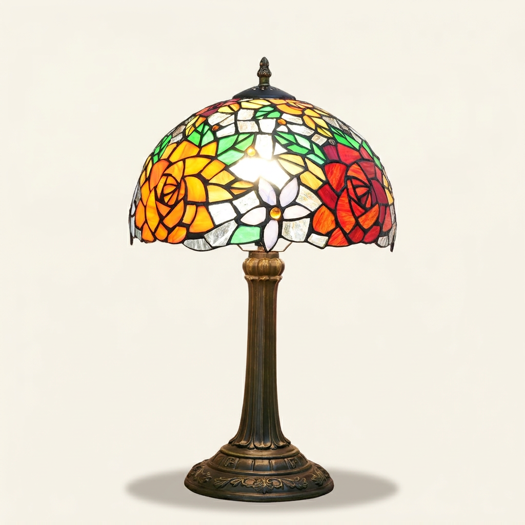 Belrose 12 Inch Tiffany-style stained glass table lamp, lit, on a plain ivory studio background