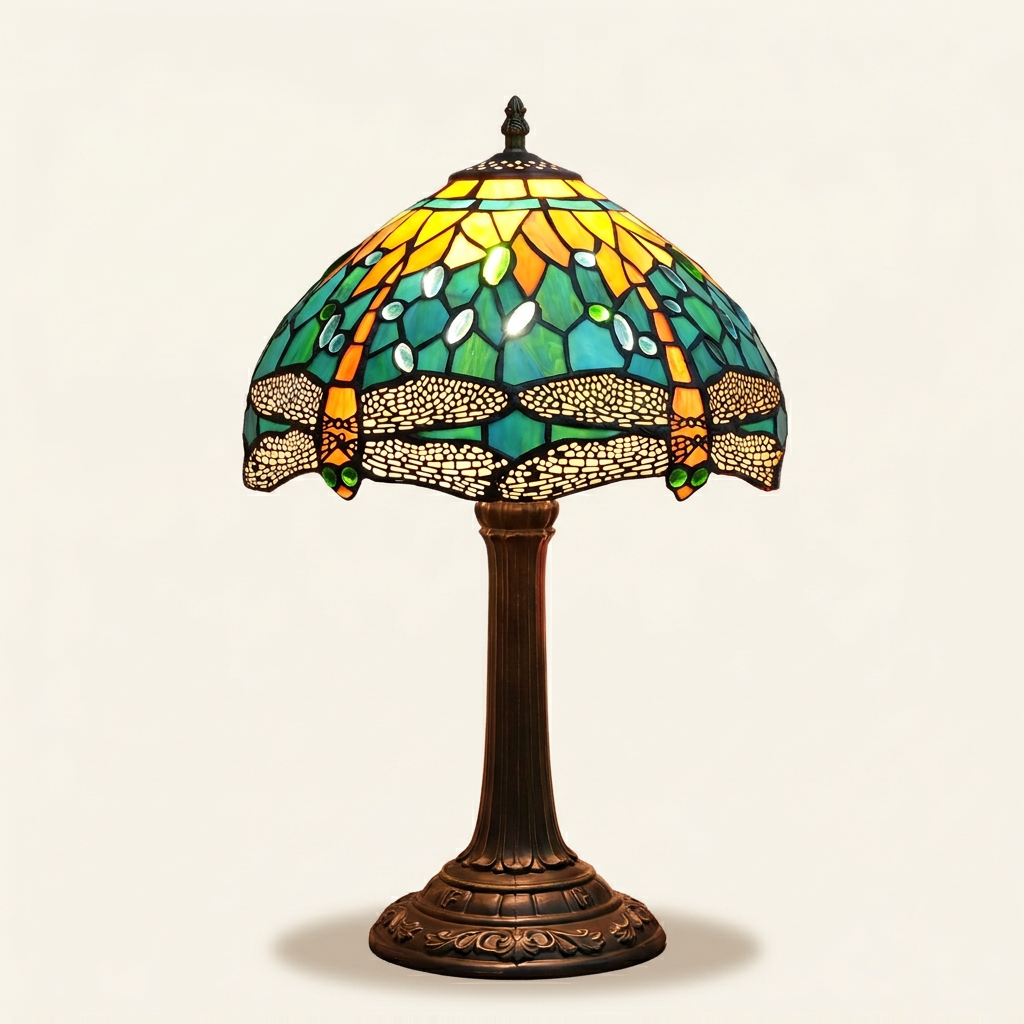 Verdis 12 Inch Tiffany-style stained glass table lamp, lit, on a plain ivory studio background