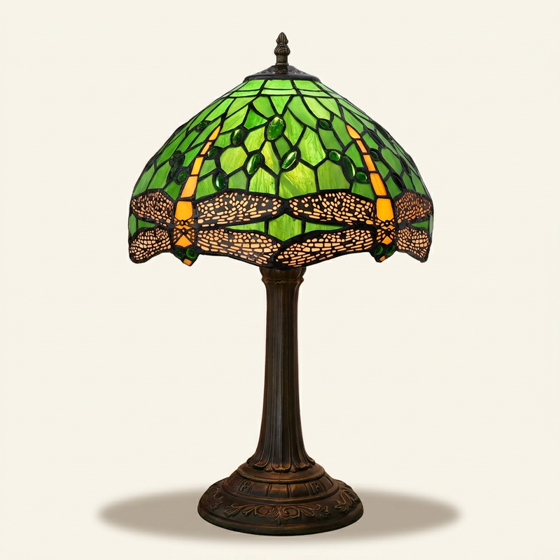 Verdine 12 Inch Tiffany-style stained glass table lamp, lit, on a plain ivory studio background
