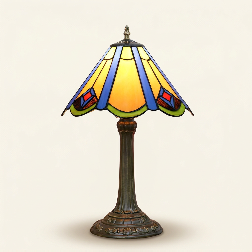 Kasumi 12 Inch Tiffany-style stained glass table lamp, lit, on a plain ivory studio background