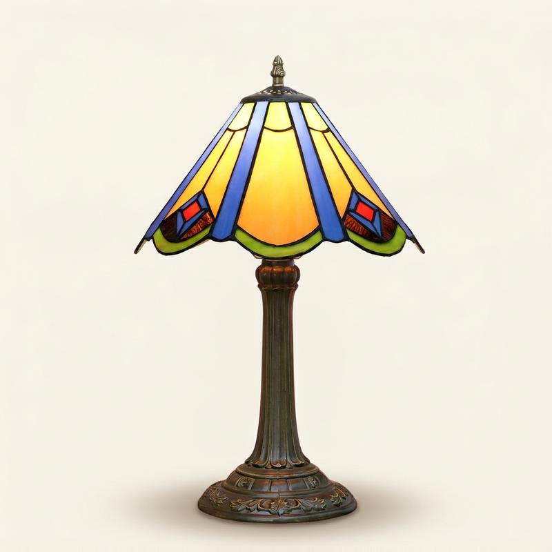 Kasumi 12 Inch Tiffany-style stained glass table lamp, lit, on a plain ivory studio background