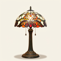 Valmont 12 Inch Tiffany-style stained glass table lamp, Straight Pole base, lit, on a plain ivory studio background
