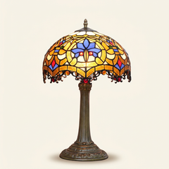 Seraphel 12 Inch Tiffany-style stained glass table lamp, Straight Pole base, lit, on a plain ivory studio background