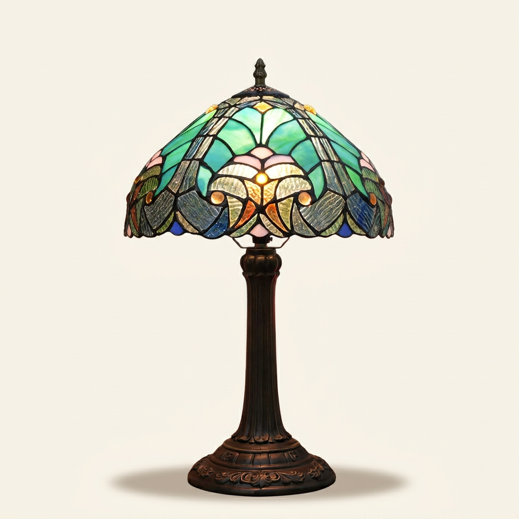 Verano 12 Inch Tiffany-style stained glass table lamp, lit, on a plain ivory studio background