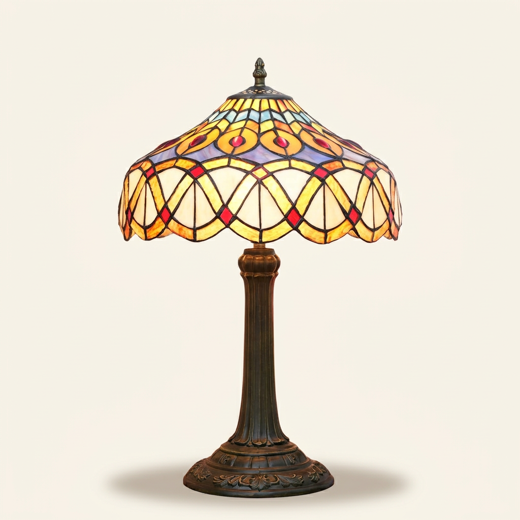 Ceylonne 12 Inch Tiffany-style stained glass table lamp, lit, on a plain ivory studio background
