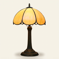 Sienne 12 Inch Tiffany-style stained glass table lamp, Straight Pole base, lit, on a plain ivory studio background