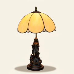 Sienne 12 Inch Tiffany-style stained glass table lamp, Angelic Pole base, lit, on a plain ivory studio background