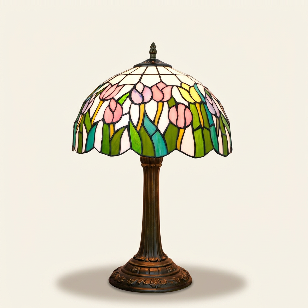 Liriane 12 Inch Tiffany-style stained glass table lamp, lit, on a plain ivory studio background
