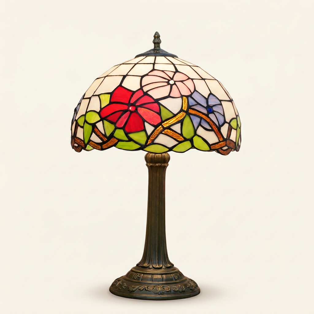 Aurorae 12 Inch Tiffany-style stained glass table lamp, Straight Pole base, lit, on a plain ivory studio background