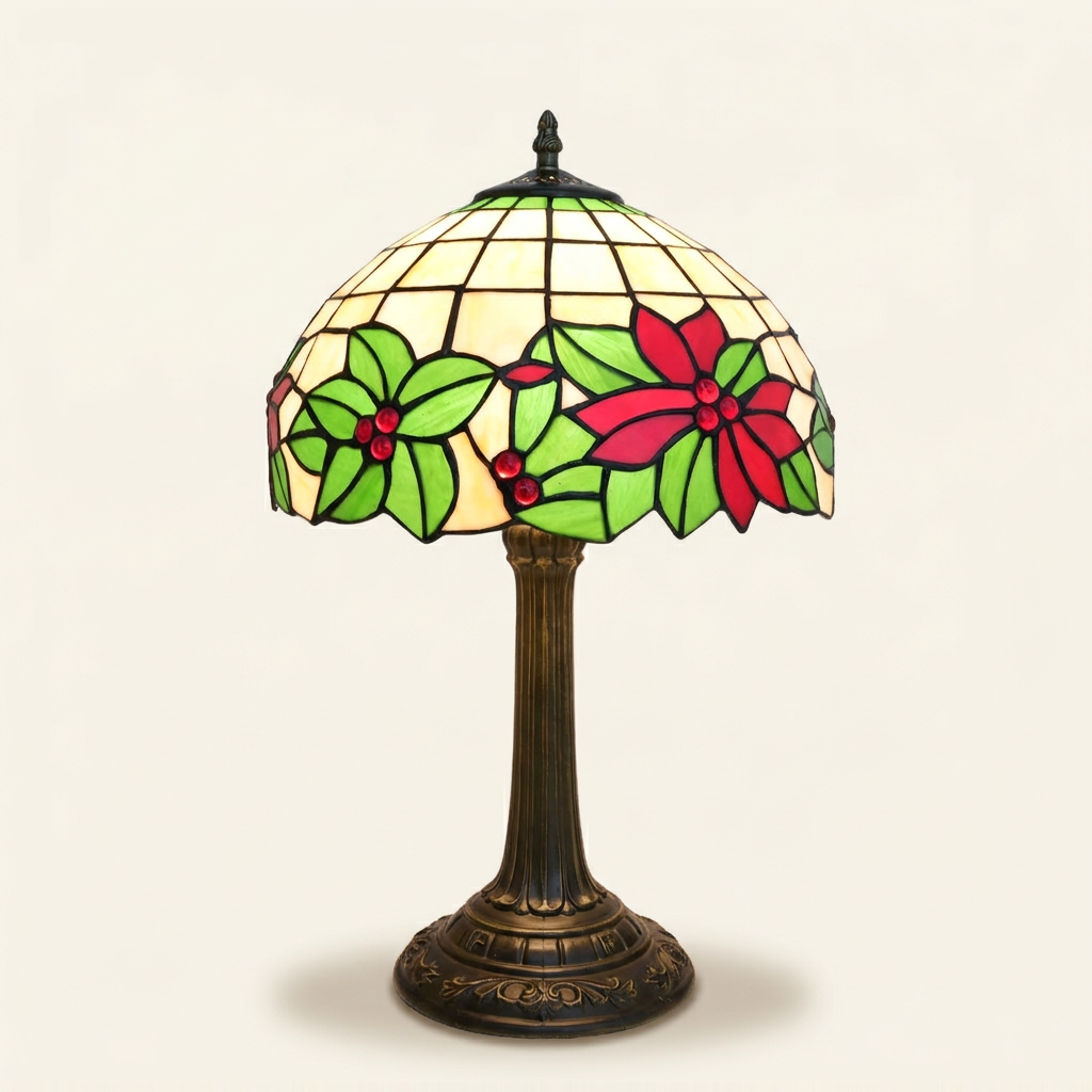 Noelle 12 Inch Tiffany-style stained glass table lamp, lit, on a plain ivory studio background