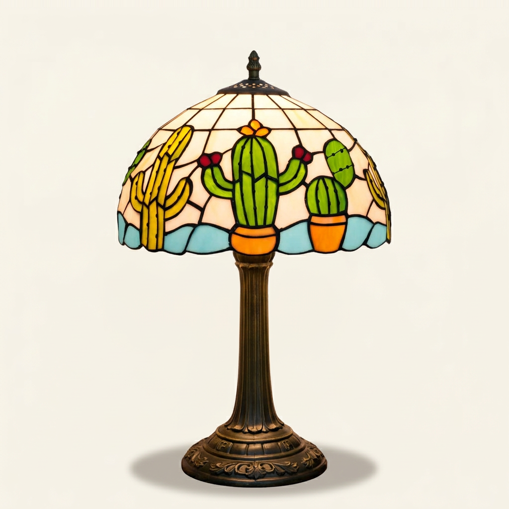 Saguara 12 Inch Tiffany-style stained glass table lamp, lit, on a plain ivory studio background