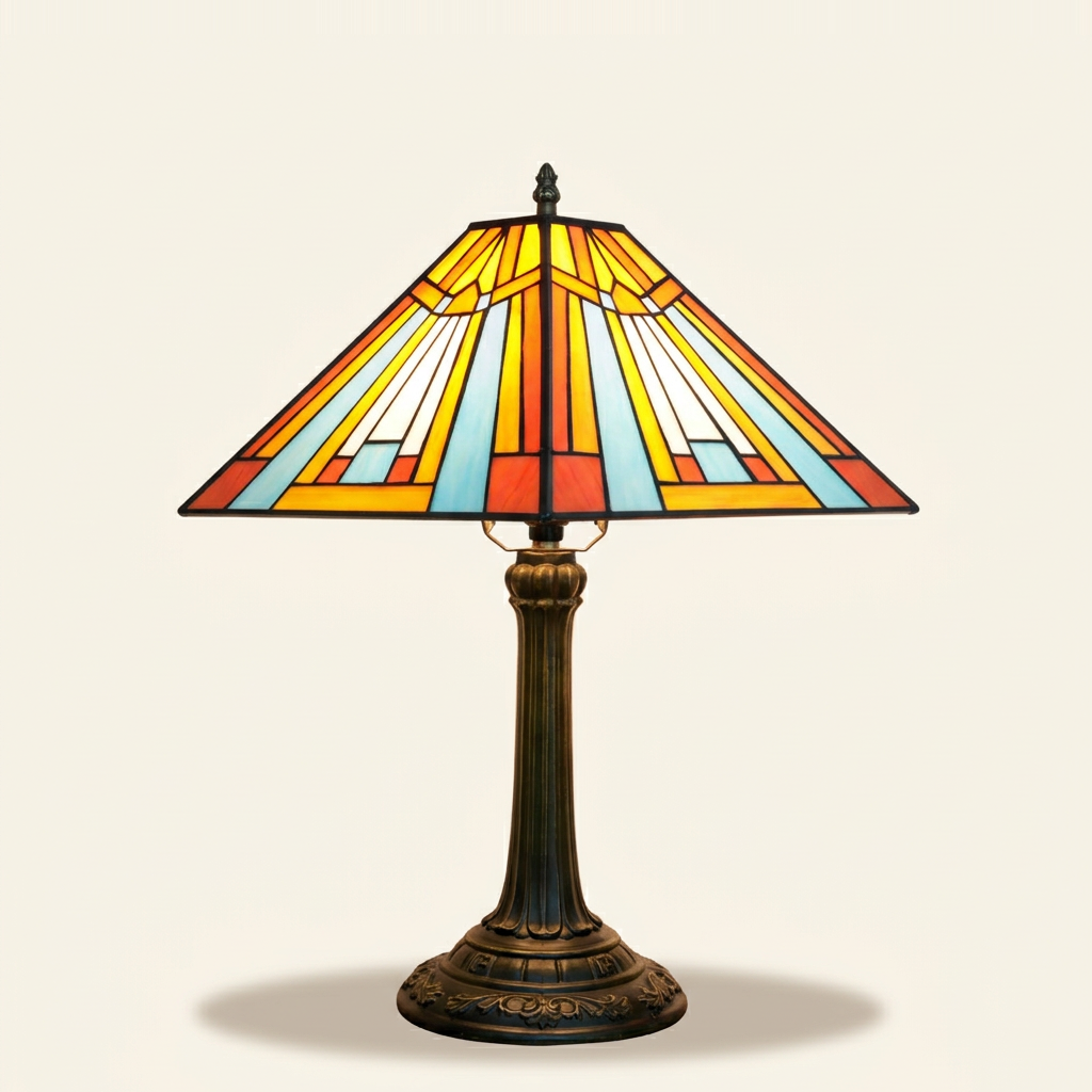 Fairfax 16 Inch Tiffany-style stained glass table lamp, lit, on a plain ivory studio background