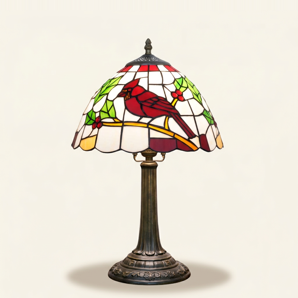Cardinelle 12 Inch Tiffany-style stained glass table lamp, lit, on a plain ivory studio background