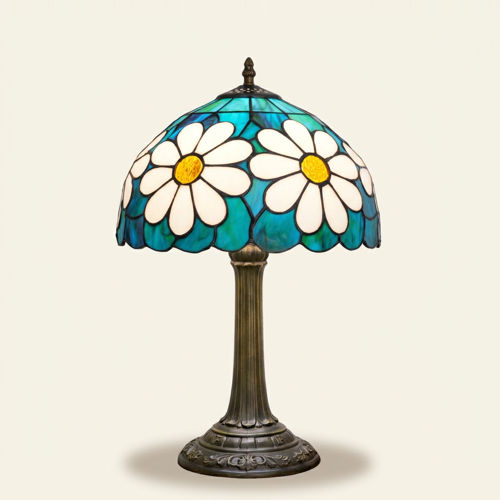 Daisette 12 Inch Tiffany-style stained glass table lamp, lit, on a plain ivory studio background