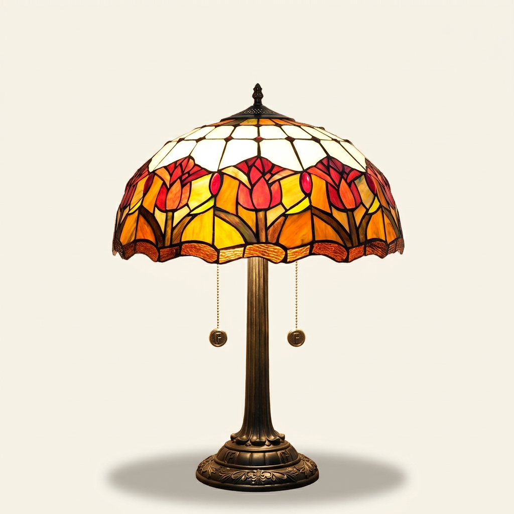 Tulira 16 Inch Tiffany-style stained glass table lamp, lit, on a plain ivory studio background