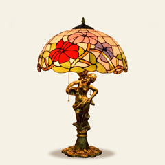 Trillora 16 Inch Tiffany-style stained glass table lamp, Angelic Pole base, lit, on a plain ivory studio background