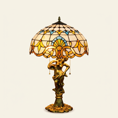 Aldreth 16 Inch Tiffany-style stained glass table lamp, Angelic Pole base, lit, on a plain ivory studio background