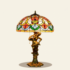 Cordelia 16 Inch Tiffany-style stained glass table lamp, Angelic Pole base, lit, on a plain ivory studio background