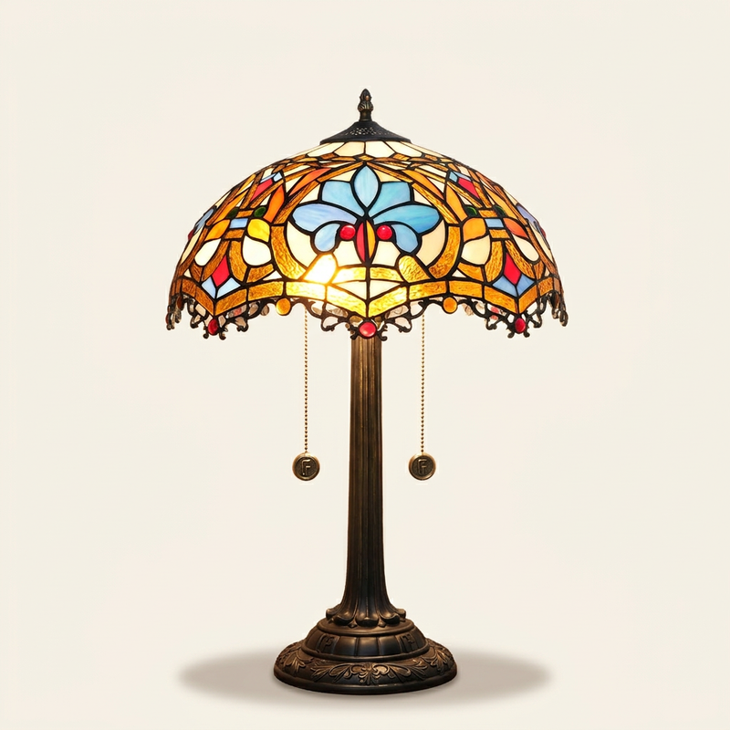 Draselle 16 Inch Tiffany-style stained glass table lamp, Straight Pole base, lit, on a plain ivory studio background