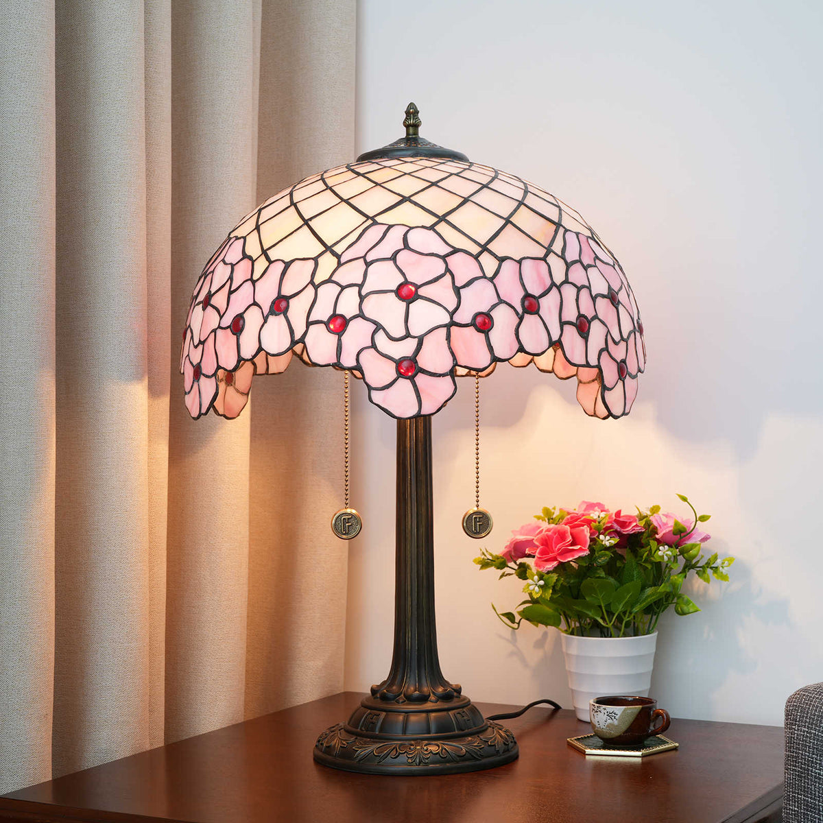 Cherry Blossom Desk Lamp - lit on nightstand