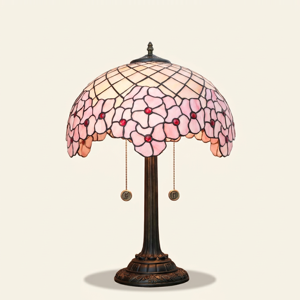 Sakurine 16 Inch Tiffany-style stained glass table lamp, lit, on a plain ivory studio background