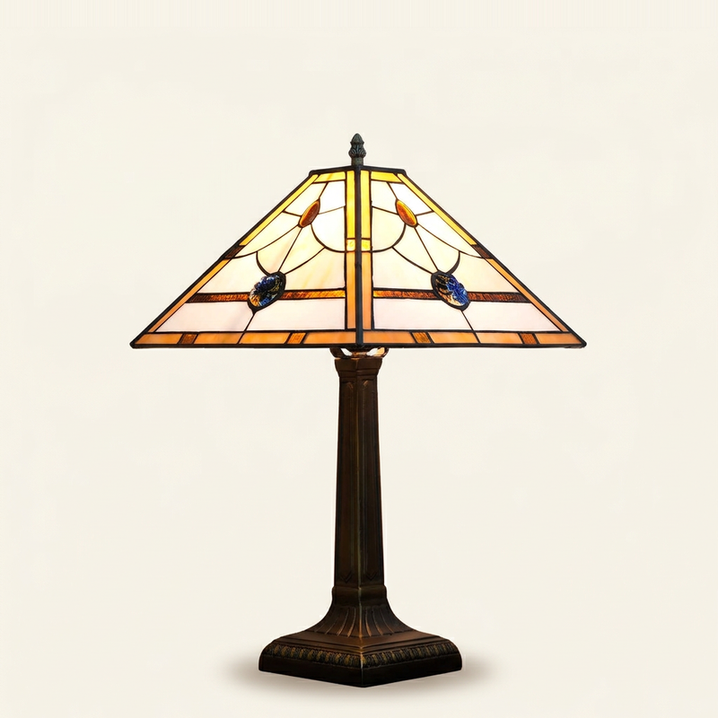 Solrose 16 Inch Tiffany-style stained glass table lamp, lit, on a plain ivory studio background