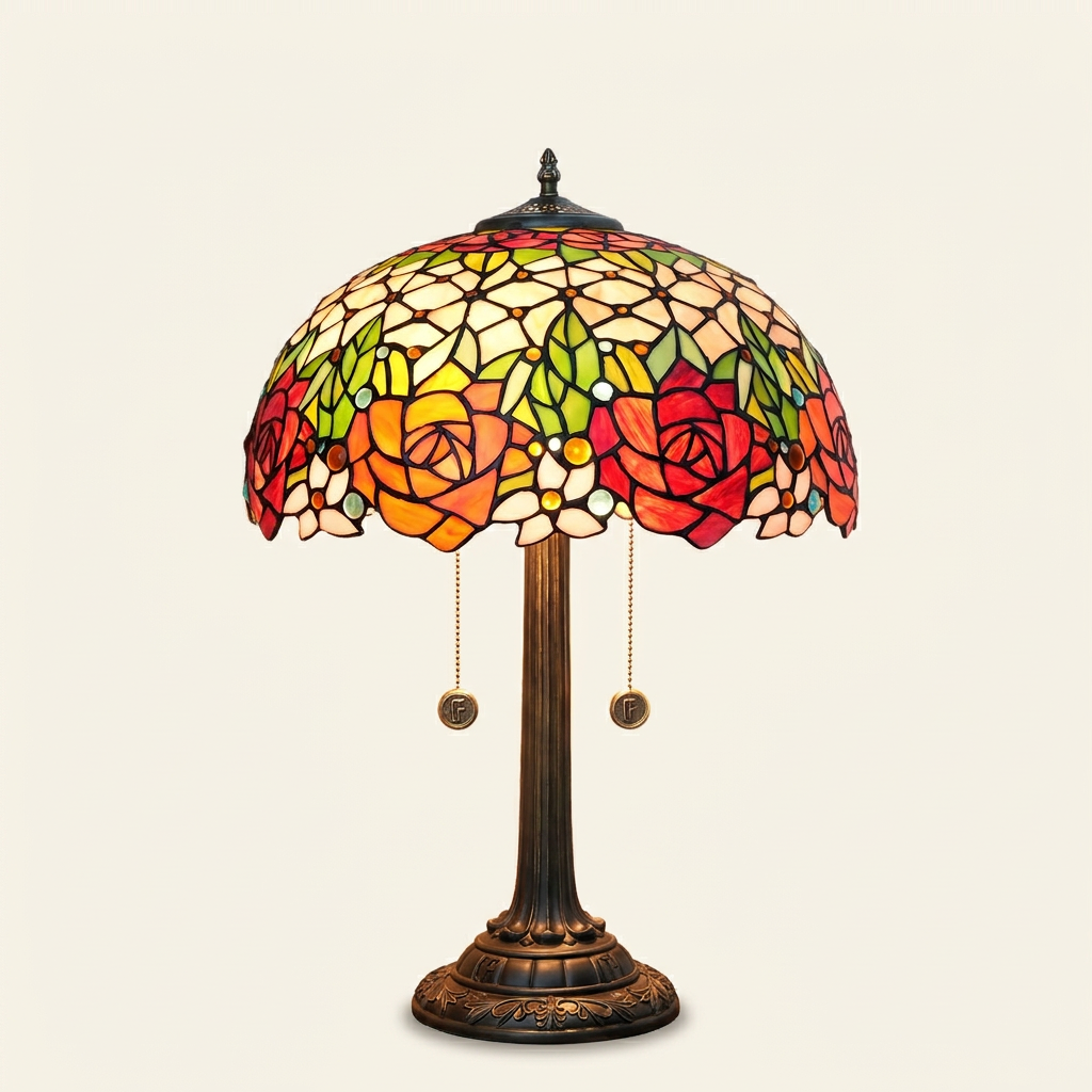 Rosalie 16 Inch Tiffany-style stained glass table lamp, lit, on a plain ivory studio background