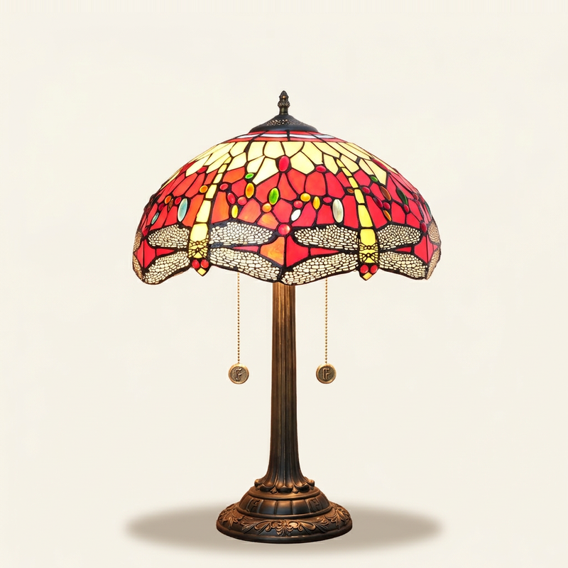 Emberlyn 16 Inch Tiffany-style stained glass table lamp, Straight Pole base, lit, on a plain ivory studio background