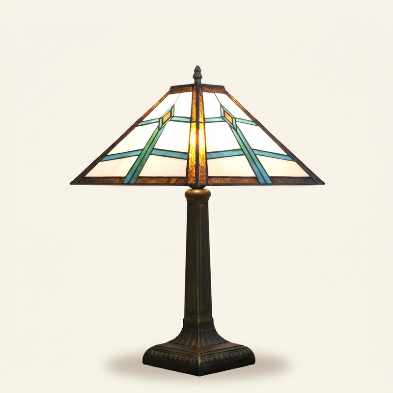 Sagewood 16 Inch Tiffany-style stained glass table lamp, lit, on a plain ivory studio background