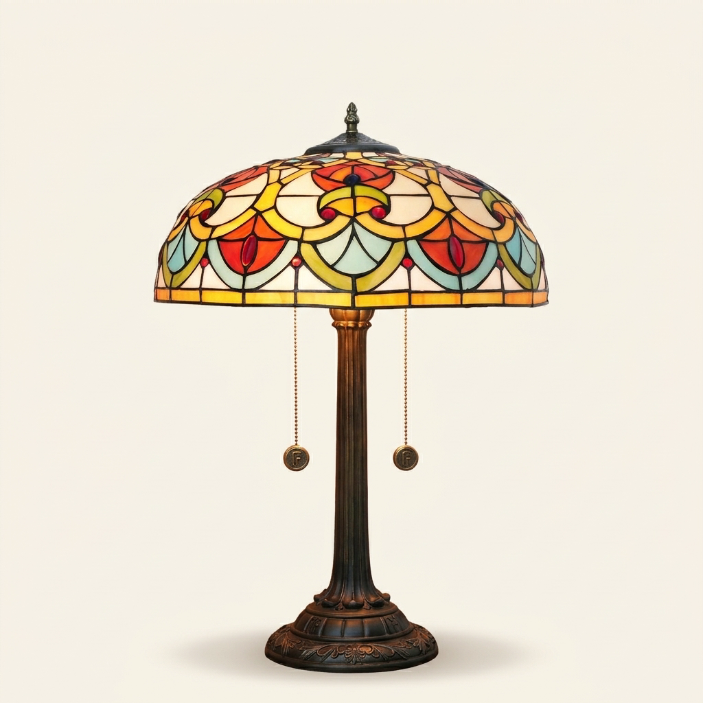 Cordelia 16 Inch Tiffany-style stained glass table lamp, Straight Pole base, lit, on a plain ivory studio background