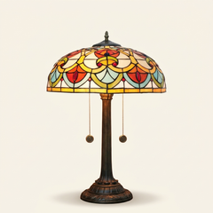 Cordelia 16 Inch Tiffany-style stained glass table lamp, Straight Pole base, lit, on a plain ivory studio background