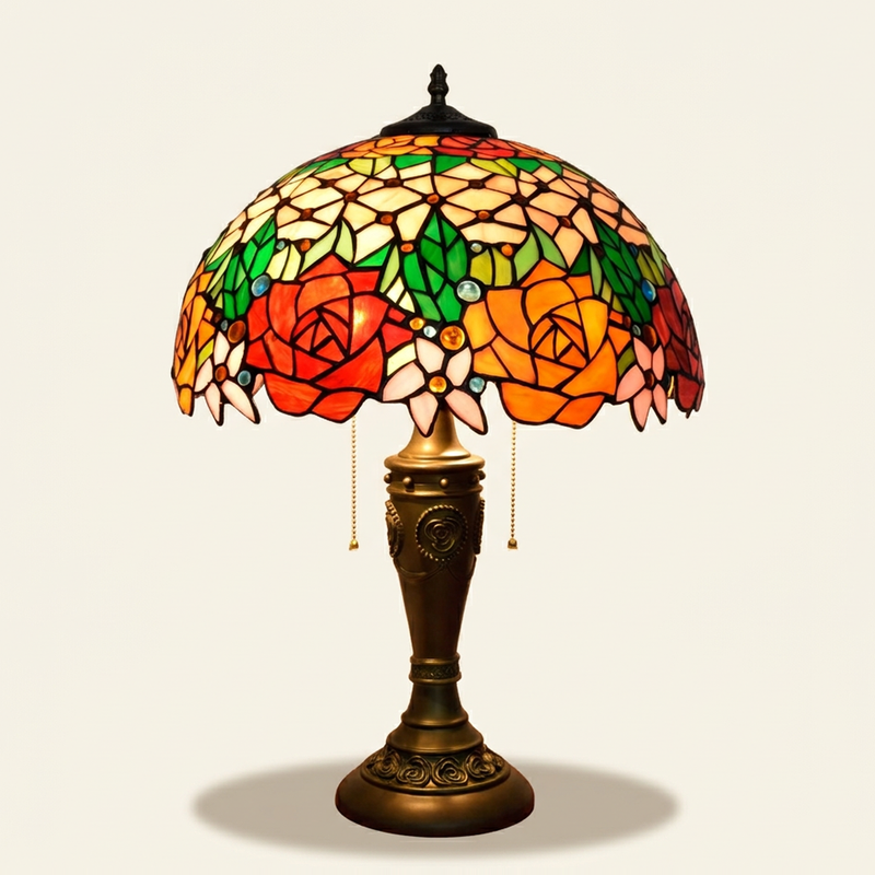 Rosamund 16 Inch Tiffany-style stained glass table lamp, Rose Pole base, lit, on a plain ivory studio background