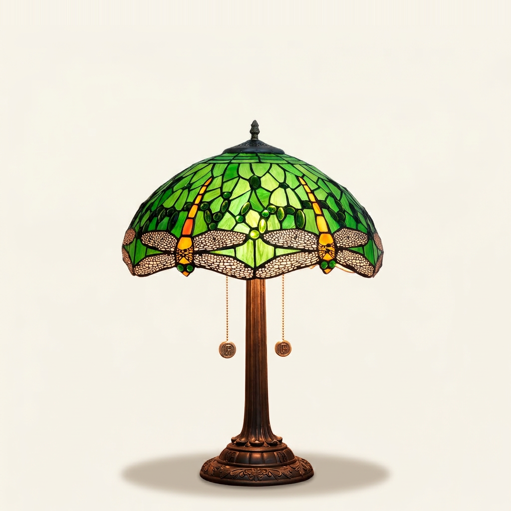 Verdis 16 Inch Tiffany-style stained glass table lamp, lit, on a plain ivory studio background