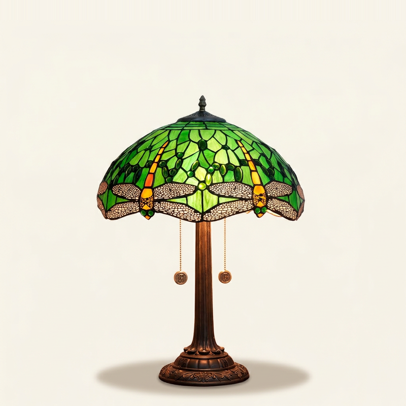 Verdis 16 Inch Tiffany-style stained glass table lamp, lit, on a plain ivory studio background