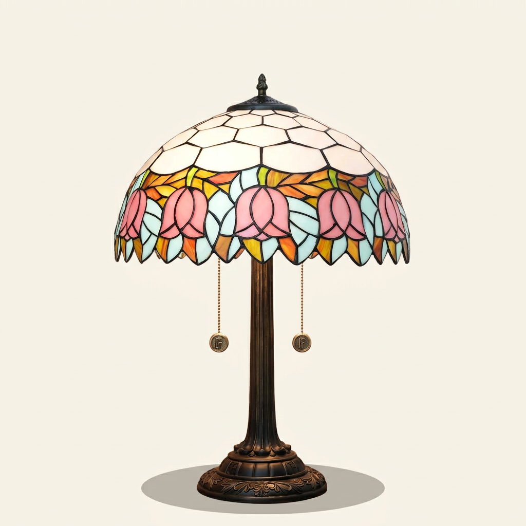 Tulippa 16 Inch Tiffany-style stained glass table lamp, lit, on a plain ivory studio background