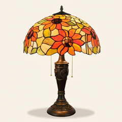 Helia 16 Inch Tiffany-style stained glass table lamp, Rose Pole base, lit, on a plain ivory studio background