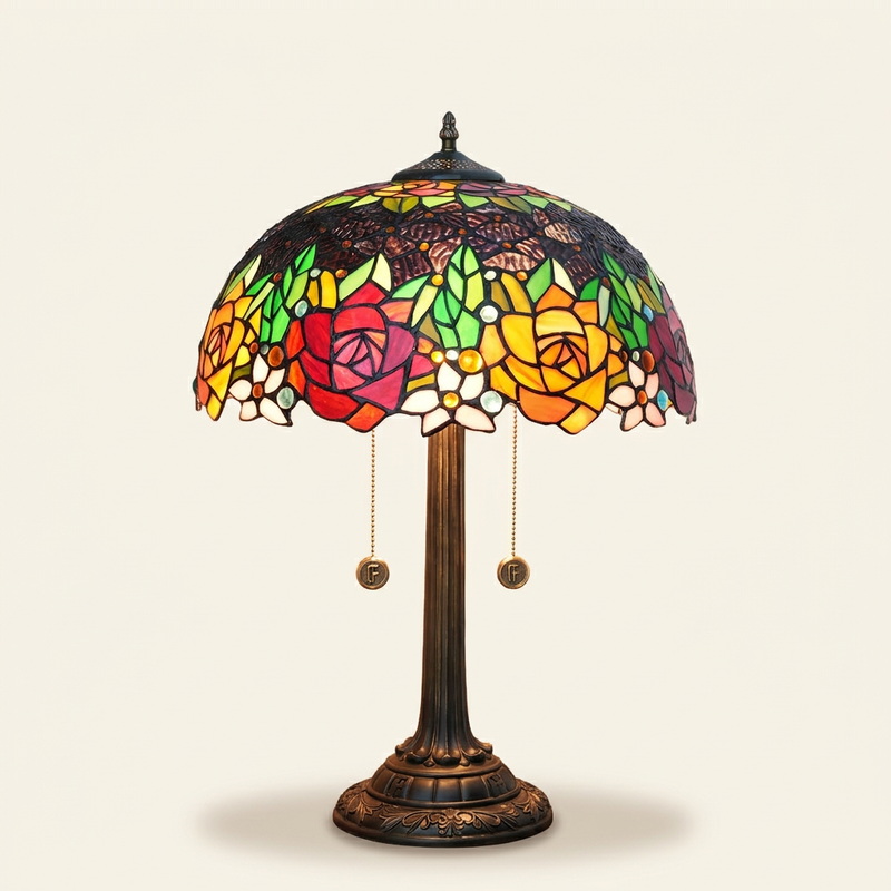 Corvina 16 Inch Tiffany-style stained glass table lamp, Straight Pole base, lit, on a plain ivory studio background