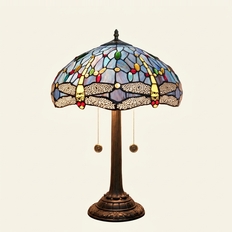 Libella 16 Inch Tiffany-style stained glass table lamp, lit, on a plain ivory studio background